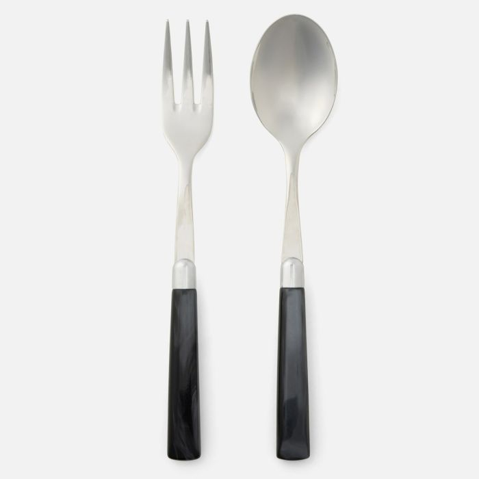 Spoon & Fork Serving Set - Polished Silver/Black