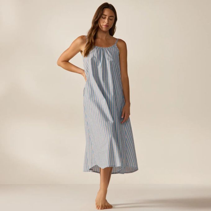 organic cotton night dress Coyuchi, Women's Isla Large Praline Meadow , L, Sustainable Materials in drapey organic cotton thats grown using regenerative farming practices. Organic Cotton Jersey Striped Sleep
