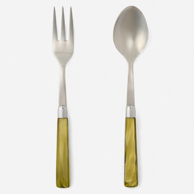 Spoon & Fork Serving Set - Olive Green/Polished Silver